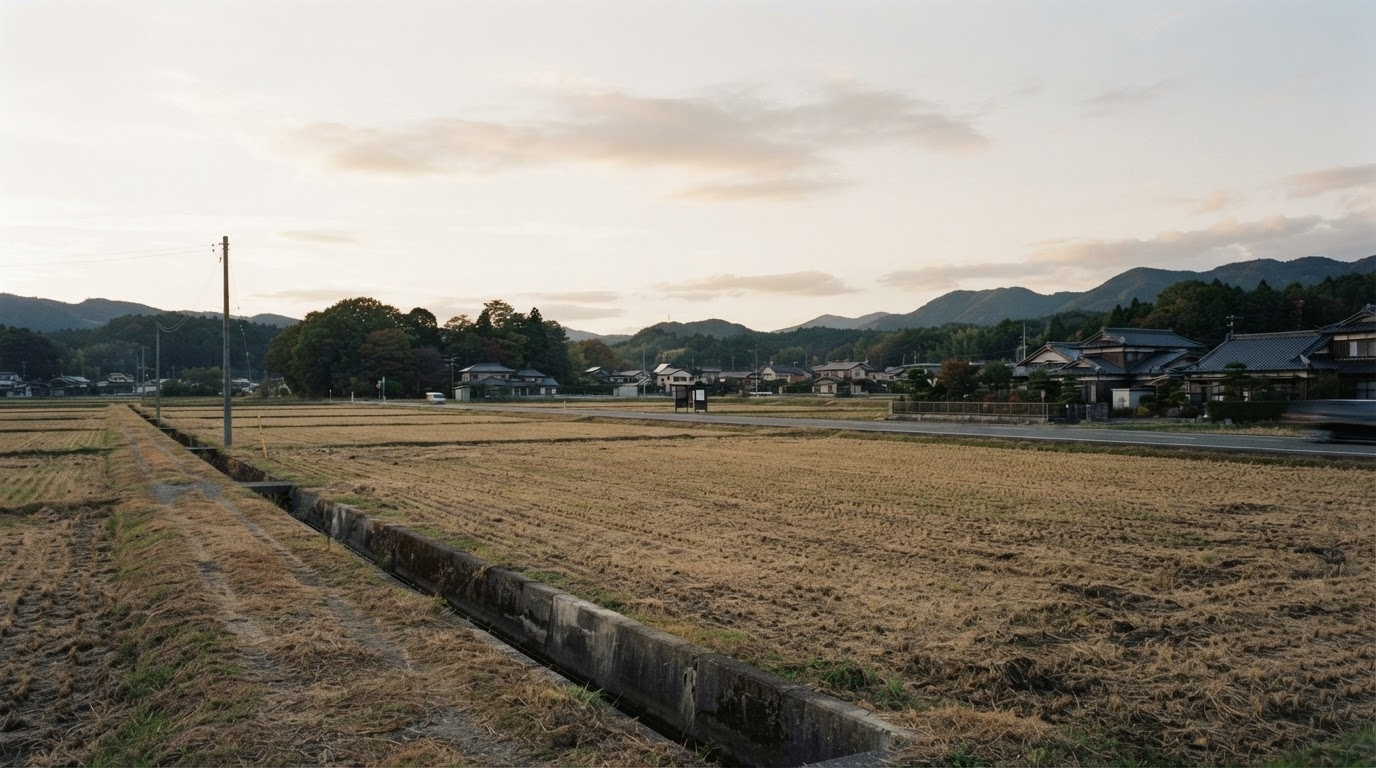市街化調整区域の農地と、その先に広がる住宅地の風景