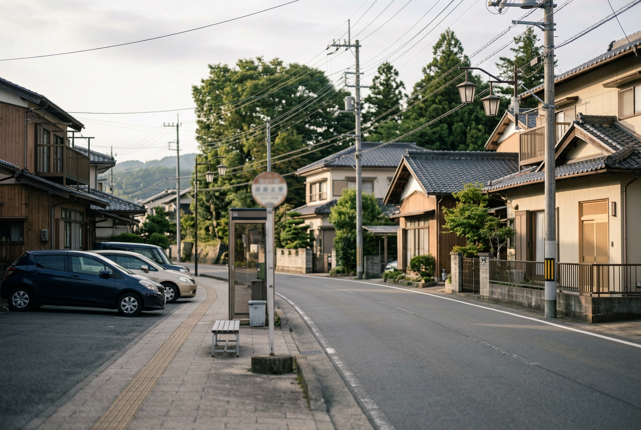 住宅地の中にあるバス停。グループホーム利用者の日中の通所のしやすさにつながる立地のイメージ